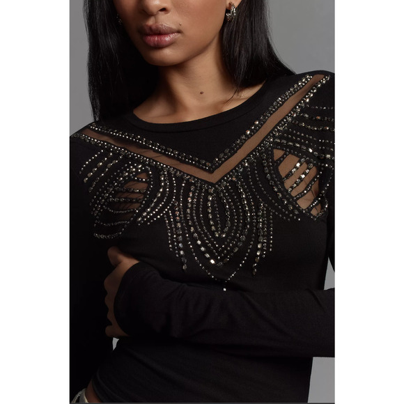 NWT Anthropologie Long-Sleeve Beaded Appliqué Top - XL - Picture 1 of 5